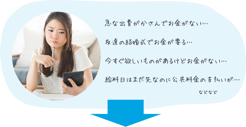 急な出費でかさんでお金がない… 友達の結婚式でお金が要る… 今すぐほしいものがあるけどお金がない･･･ 給料日はまだ先なのに公共料金の支払いが… などなど